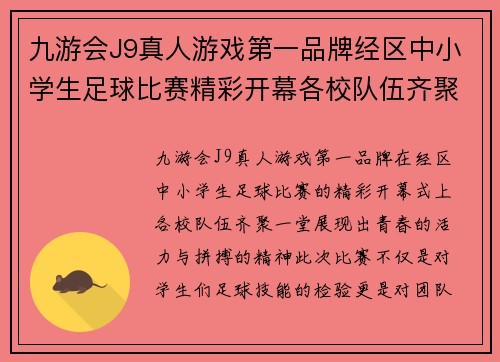 九游会J9真人游戏第一品牌经区中小学生足球比赛精彩开幕各校队伍齐聚一堂争夺冠军荣耀